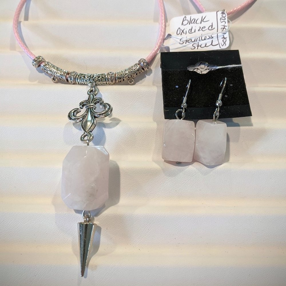 Rose Quartz Wax cord necklace & earring set